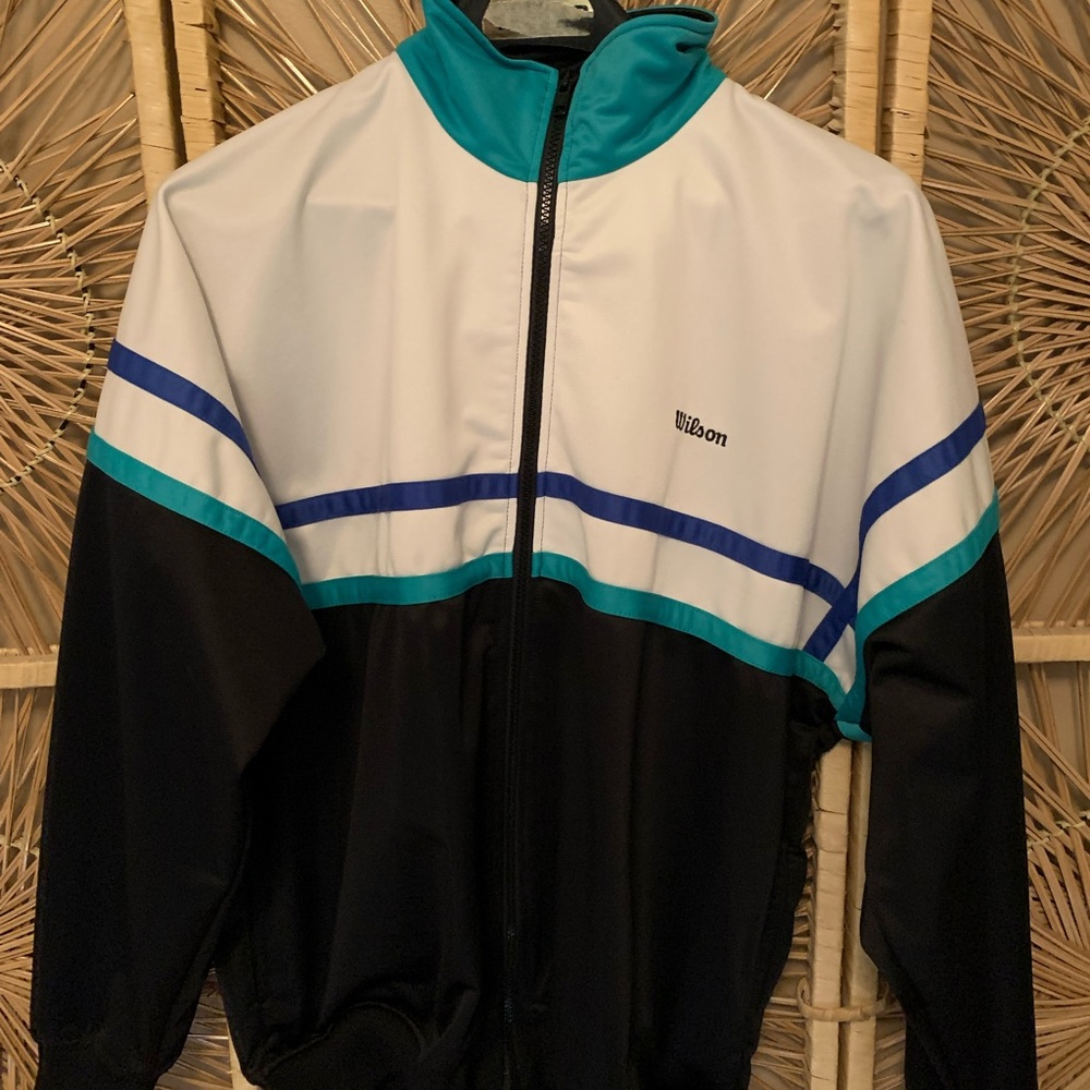 Vintage Wilson track tennis sport jacket - blue and green stripe size large